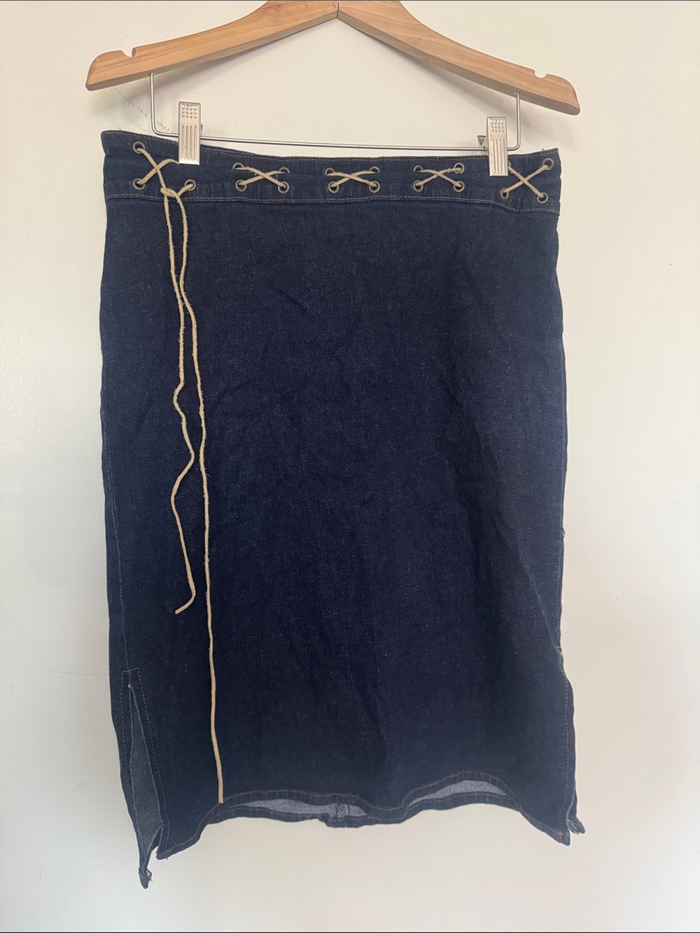 Forever 21 Y2K Navy Midi Denim Skirt with Lace-Up Waist